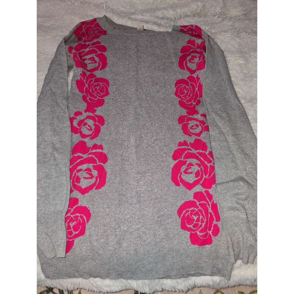 Arizona Jean Co. Grey & Hot Pink‎ Rose Floral Tunic Sweater Size Medium
